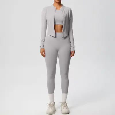 Solid Color Brushed Tight Fitness Jacket Three-Piece Set for Women - 13
