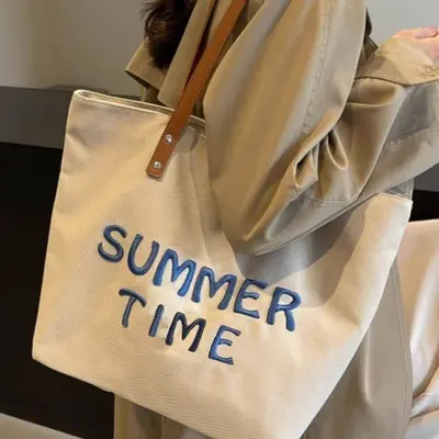 Women's Embroidered Letter Canvas Tote Bag, Large Capacity, Single Shoulder - 5