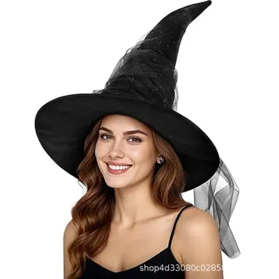 Halloween Black Pleated Mesh Witch Hat with Tassel - 9