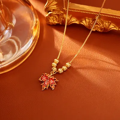 Red maple leaf zircon necklace and chain - 3