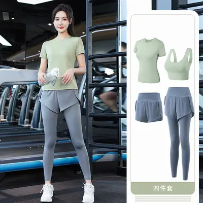 运动套装女生紧身弹力专业瘦身瑜伽训练服四件套高端健身衣一件批