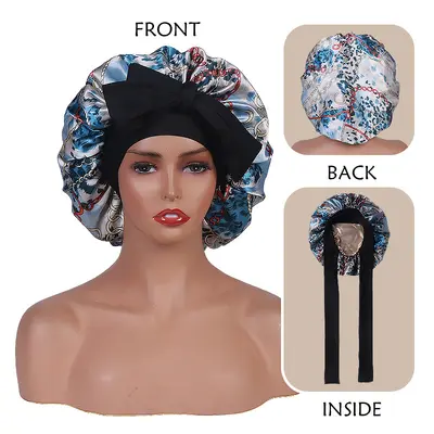 Printed Elastic Satin Bonnet with Bow, Double-Layer Reversible