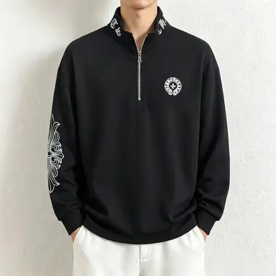 Men's Long Sleeve Printed Sweatshirt, Zipper and Embroidered Stand Collar - 7
