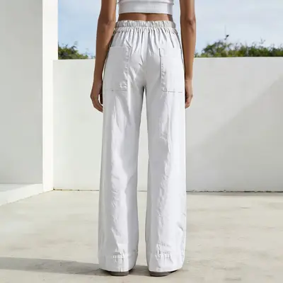 Damen-Sommerhose aus Baumwoll-Leinen, weites Bein, elastischer Bund, einfarbig