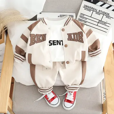 Boys' Crew Neck Baseball Jacket 3-Piece Set with Long Sports Pants