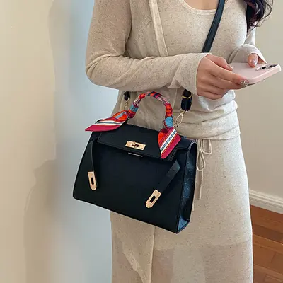 Small Women's Shoulder Bag with Ostrich Pattern, Silk Scarf Detail, Crossbody Strap - 4
