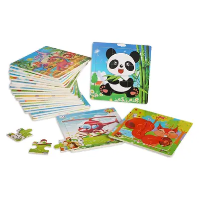 9-piece puzzle board with cartoon animals and traffic