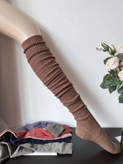 Retro Gri Yeşil Diz Üstü Çorap, Kadın İnce Bahar Sonbahar Modeli, Mor Çizgili