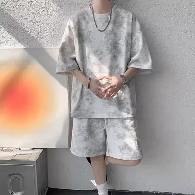Retro Batik Kısa Kollu Erkek Takım Elbise, Bol Kesim Yazlık Amerikan Sokak Modası