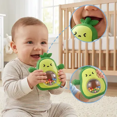 Yeni Model Avokado Çıngıraklı Diş Kaşıyıcı Dişe Duyarlı Gıda Sınıfı Bebek Silikon Diş Çıkartma Çubuğu Bebek Koruyucu Eldiven Çiğneme Oyuncağı - 4