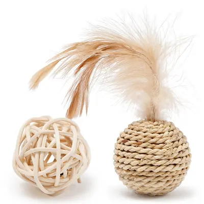 Kedi Oyuncağı Çift Toplu Doğal Rattan Top, Çıngıraklı Hasır Örgü - 7