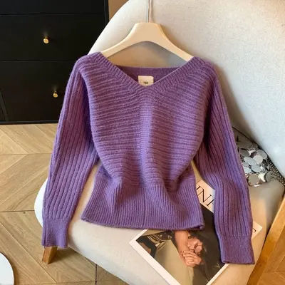 Damen-Strickpullover, einfarbig, V-Ausschnitt, Rippstrick, langärmlig, taillenbetont - 10