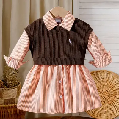 Baby Mädchen Kleidung 0-3J. Mädchen Herbst-Frühling Langarm Streifenhemd Kleid + Strickweste