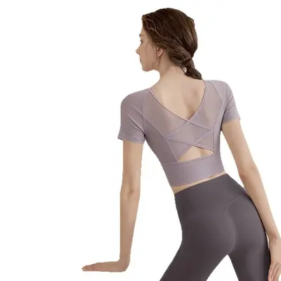 Women's Open-Back Short-Sleeve Yoga Top with Built-in Chest Pads - 6