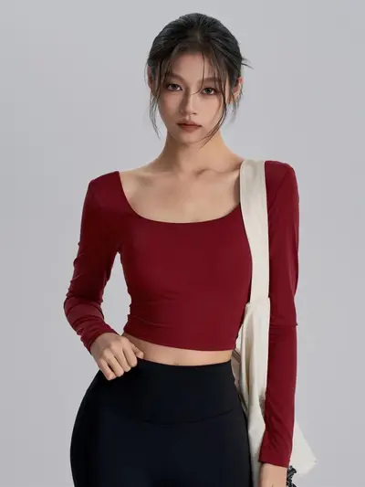 Backless Yoga Top with Built-in Bra Pads, Red Square Neck, Long Sleeve - 3