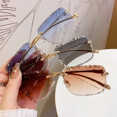 Rimless Square Frame Fashion Sunglasses for Women, Cut-Edge Design