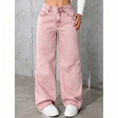 Damen-Jeans, hoher Bund, weites Bein, schwarz, gerade geschnitten - 13
