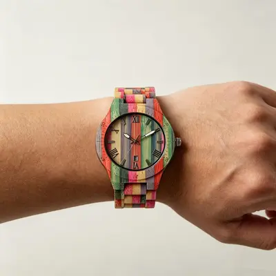 Men's and women's wooden wristwatch with colourful Roman numerals