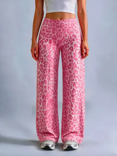 Women's Leopard Print Wide-Leg Sports Pants, Brushed Fabric - 10
