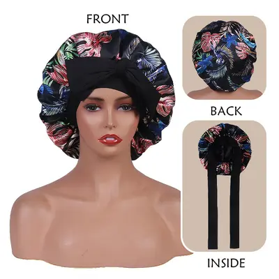 Printed Elastic Satin Bonnet with Bow, Double-Layer Reversible - 9