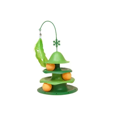 Christmas Turntable Cat Toy with Ball, Feather and Bell Teaser Wand - 6