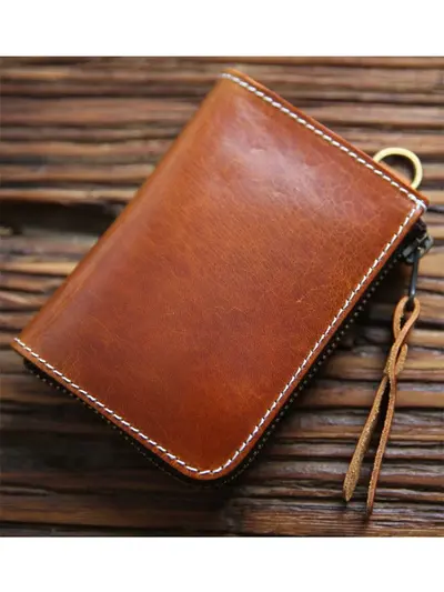 Handmade Retro Men's Wallet, Genuine Full-Grain Cowhide Leather, Short Zipper, Vertical - 3