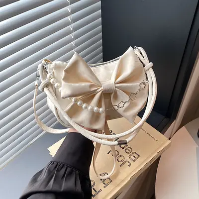 Bow-Knot Women's Crossbody Bag with Pearl Detail and Chain Strap