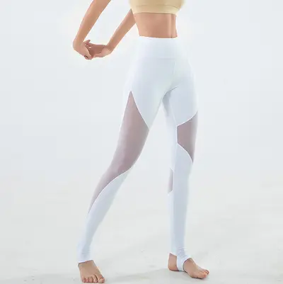 Damen Yoga-Leggings, hohe Taille, Po-Lifting, Netzstoff-Fußschlaife