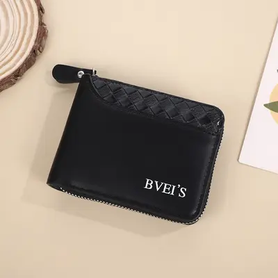 Men's Zipper Wallet with Woven Patchwork and Coin Compartment - 9