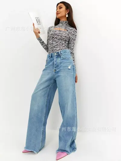 Kadın Retro Geniş Paça Kot Pantolon, Yüksek Bel Yerlere Kadar Uzanan