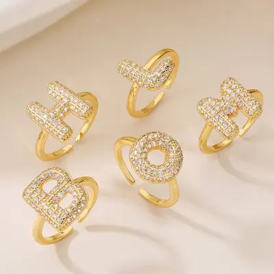 Copper-Plated 18K Gold Zircon Letter Ring for Women