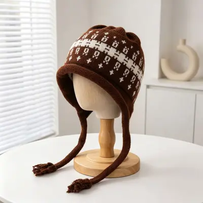 Retro Pattern Knit Hat with Tassel Tie, Warm Winter Cap - 9