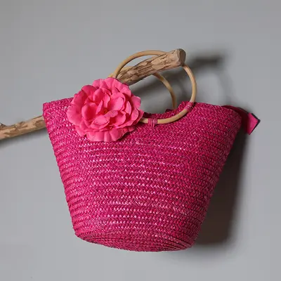 Damen-Handtasche aus Strohgeflecht mit Holzgriff, Landhausstil - 10