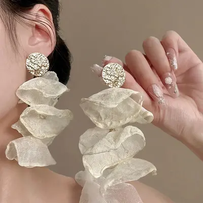 Chiffon Petal Earrings Vintage White Women's Style - 3