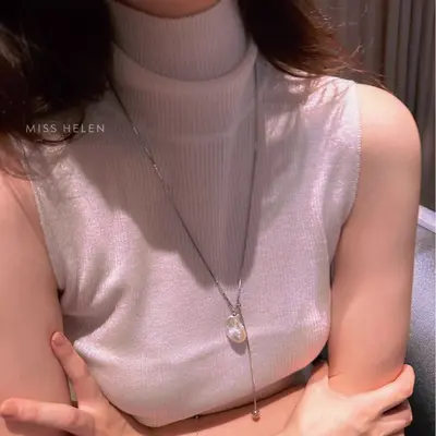 新款气质巴洛克珍珠钛钢项链女秋冬简约高级长款不掉色颈链毛衣链 - 3