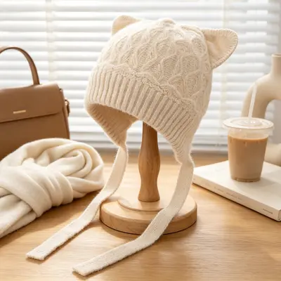Korean-Style Cute Cat Ear Knit Hat, Soft Yarn - 10