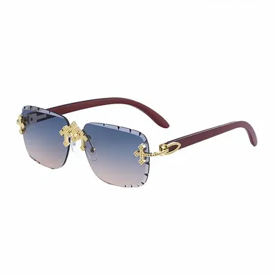 Retro Rimless Men's Sunglasses with Wood-Grain Temples - 8