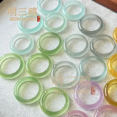 天然高冰马料白玉髓戒圈香槟金玛瑙戒指冰透粉玉石指环天空蓝戒指 - 5