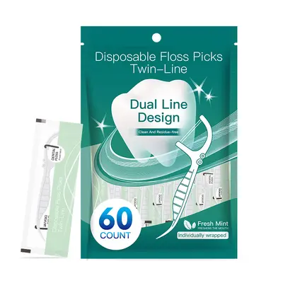 Mint-flavored dental floss picks, 60 pieces, dual-thread, individually packed