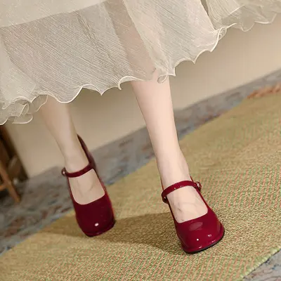 MZ-7 Women's Mary Jane Shoes, Red, Chunky Heel, Wide Fit, Sizes 41-45