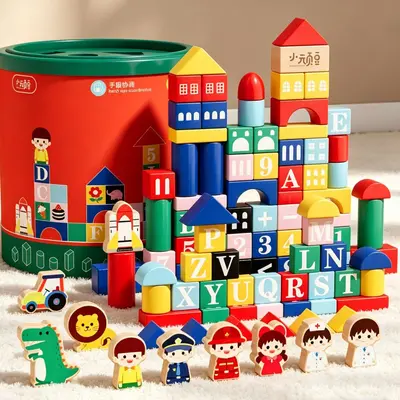 Montessori Large Solid Wood Blocks, Geometric Shapes and Color Learning Toy