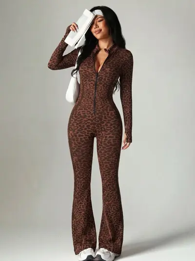 Damen-Yogaoverall, langärmlig, mit Reißverschluss und Schlaghose