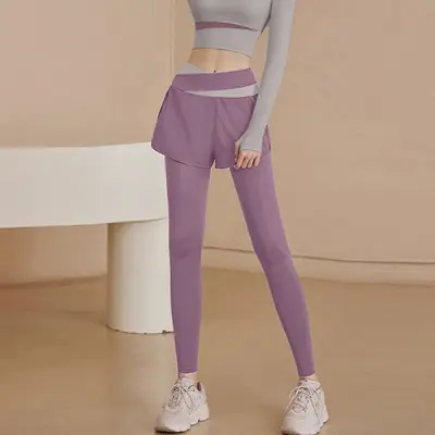 Yüksek Bel Sahte İki Parça Yoga Tayt, Transparan Olmayan, Kalça Kaldırıcı - 9