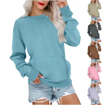 Kadın Uzun Kollu Düz Renk Yuvarlak Yaka Bol Sweatshirt, 2023 Sonbahar Kış