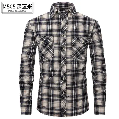 Slim fit kareli flanel erkek gömlek, uzun kollu, çift cepli, fırçalanmış kumaş - 10