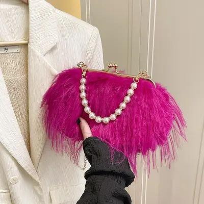 Retro Plush Women's Bag, Pearl Chain, Small Square, Single Shoulder Strap - 4
