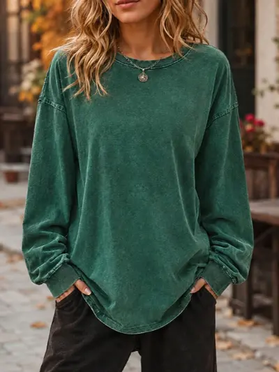 2026 Model Uzun Kollu Büzgülü Yaka Renkli Pamuklu Üst, Unisex Retro Tarz