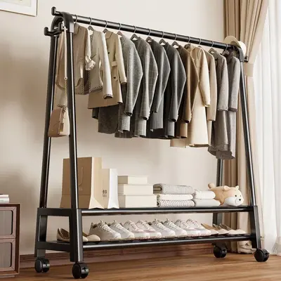 Bedroom Coat Rack Floor-Standing Household Cream Style Mobile Clothes Hanger Stand Wrought Iron Space-Saving Clothing Storage Rack Thickened