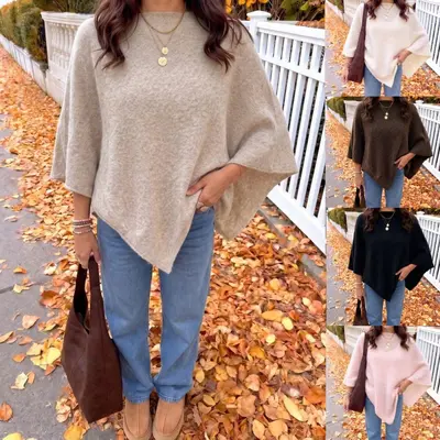 Cross-border Europe and America foreign trade autumn/winter brushed loose shawl round neck cape bat sleeve jacket three-quarter sleeve top for women