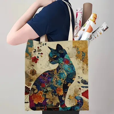 Cross-border popular cute cat print canvas bag shoulder foldable tote bag shopping bag travel bag customizable - 13